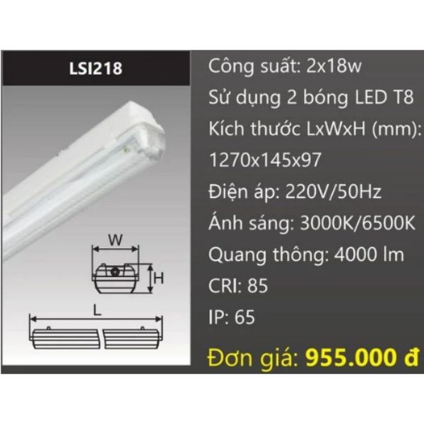 MÁNG ĐÈN CHỐNG THẤM GẮN 2 BÓNG 1M2 LED 2X18W DUHAL LSI218